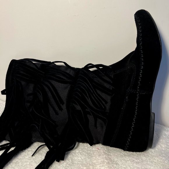LC Lauren Conrad-Fringe Boots-Women's-3 Layers-Black Suede-Cloth under Fringe - Picture 3 of 14